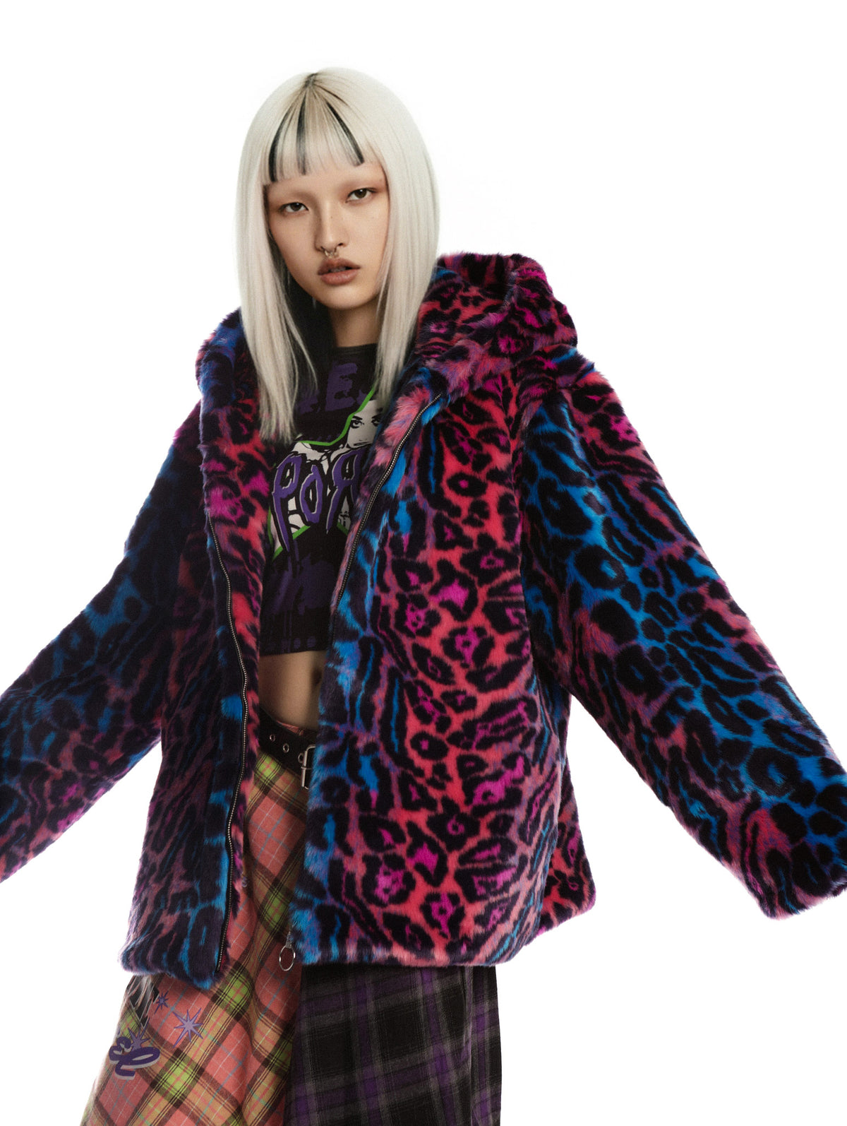 DeadEndKids leopard-print faux-fur hooded jacket in blue purple — modeled view showing the loose sleeves