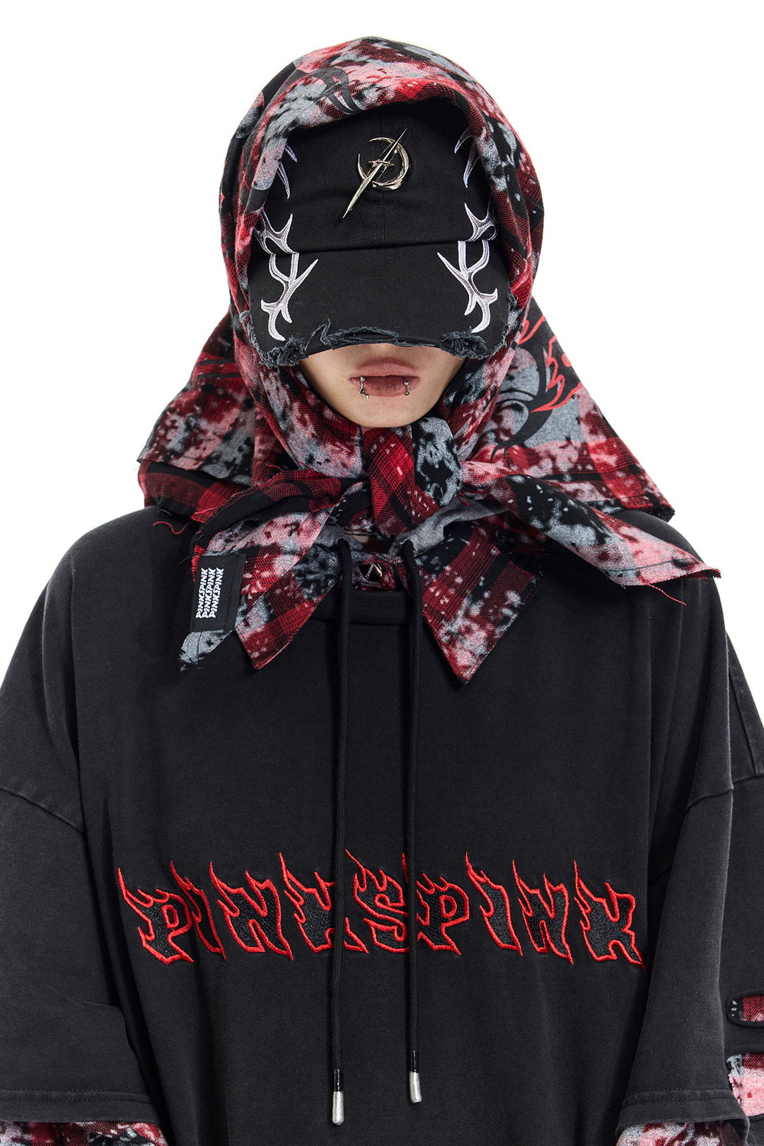 PINKSPINK REMAKE red-plaid bandana top / headscarf — alternate modeled styling view