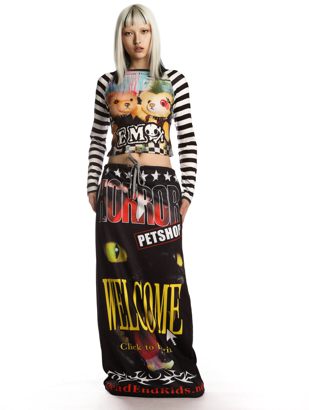 DeadEndKids Horror Petshop black graphic maxi skirt — front full-length view