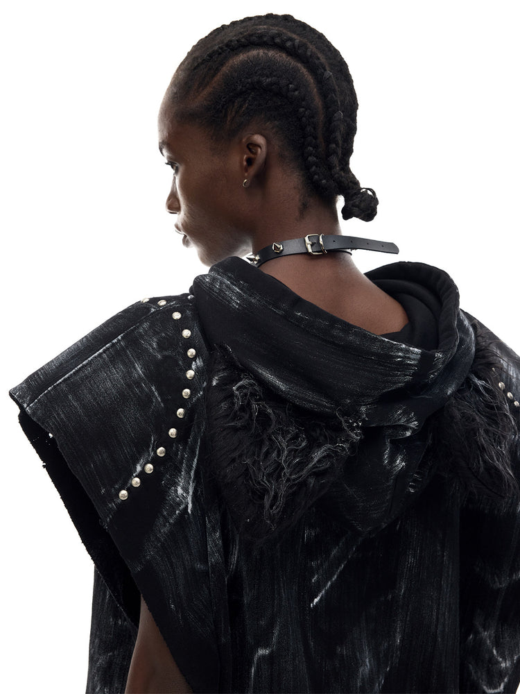 PINKSPINK ELECTRIC MOON studded cat-ear vest in black — rear shoulder close-up showing rivets and distressed hood texture