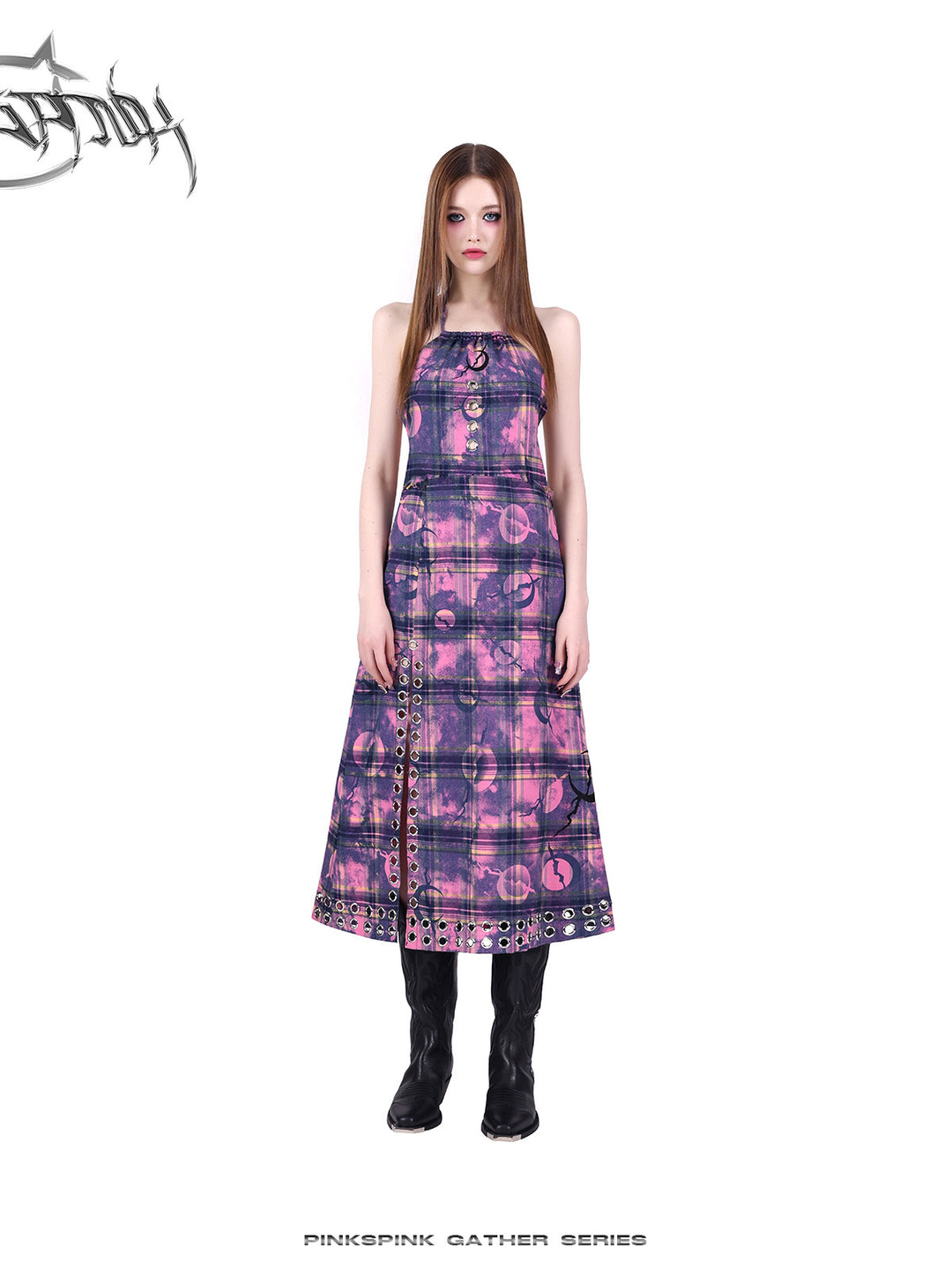 PINKSPINK WASTELAND eyelet plaid halter dress in pink purple — straight front full-length modeled view