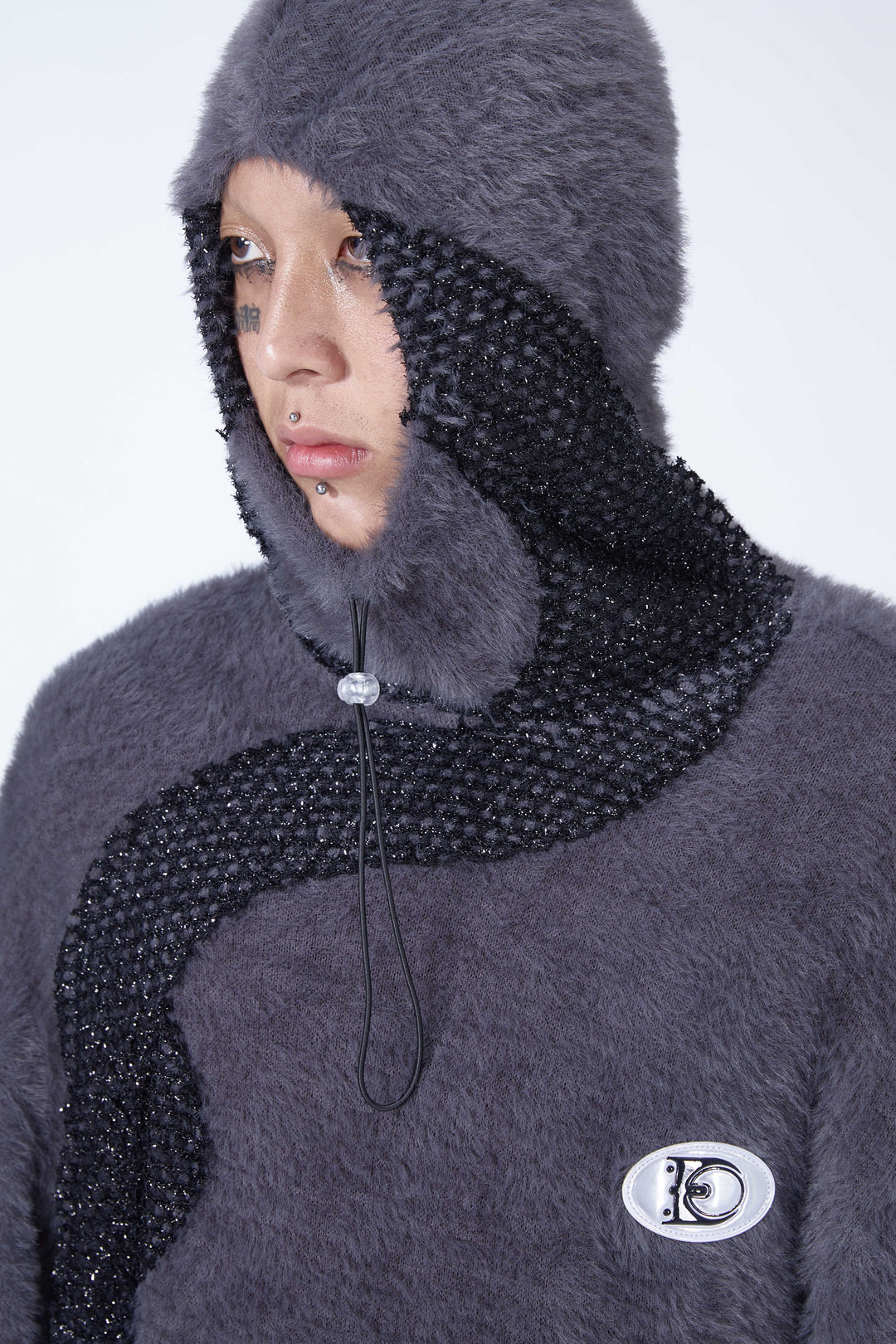 EMBRYO FUR COLLAR oversized plush sweatshirt — full-length modeled view