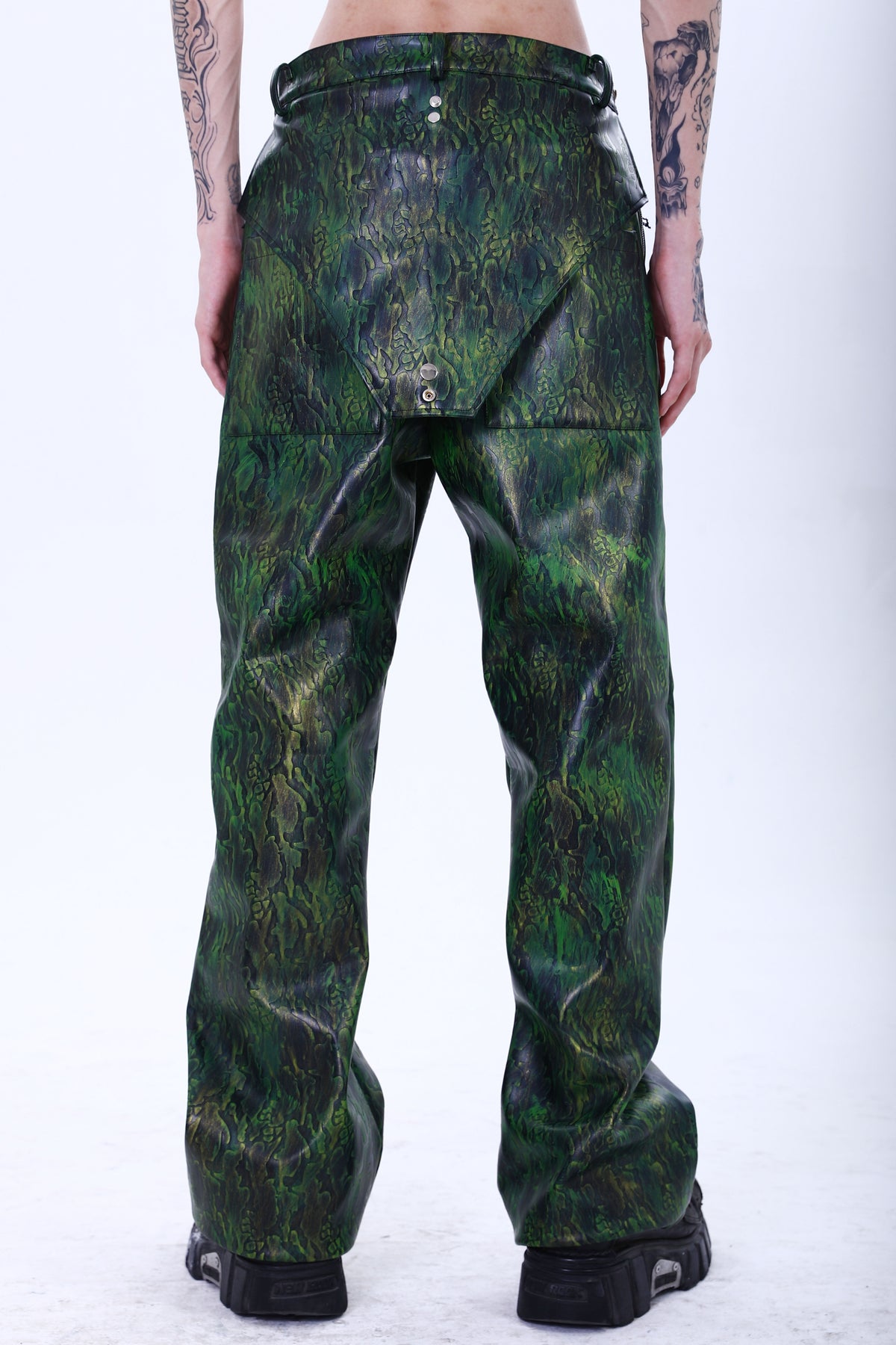 EMBRYO TRIANGLE ARMOR lace-inset leather pants — product-only front view