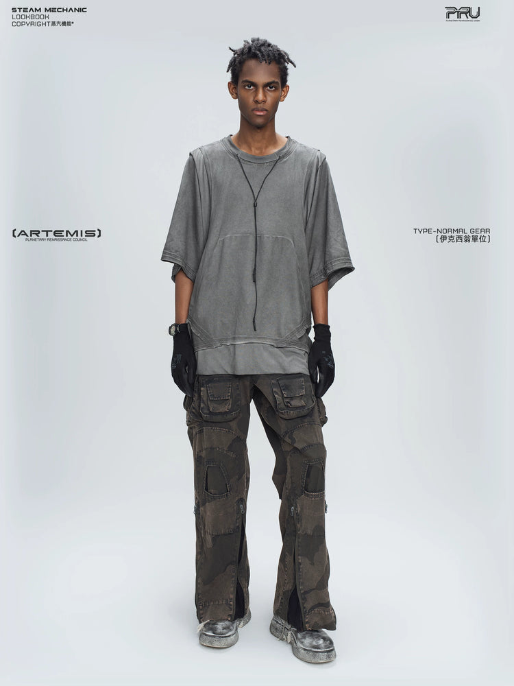 IXION dead leaf brown washed camouflage combat pants — full-length styled view