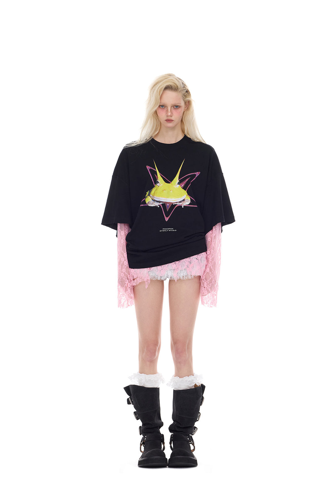 PINKSPINK ELECTRIC MOON thorn-cat distressed lace layering tee — alternate modeled view showing the silhouette