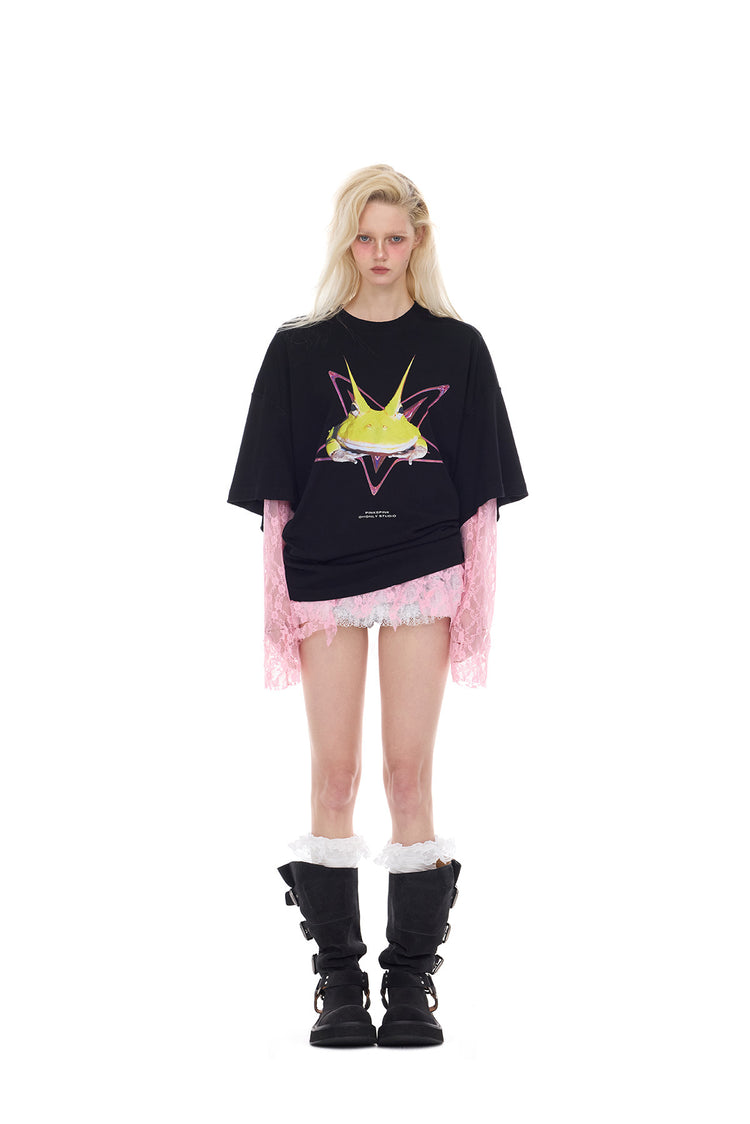 PINKSPINK ELECTRIC MOON thorn-cat distressed lace layering tee — alternate modeled view showing the silhouette
