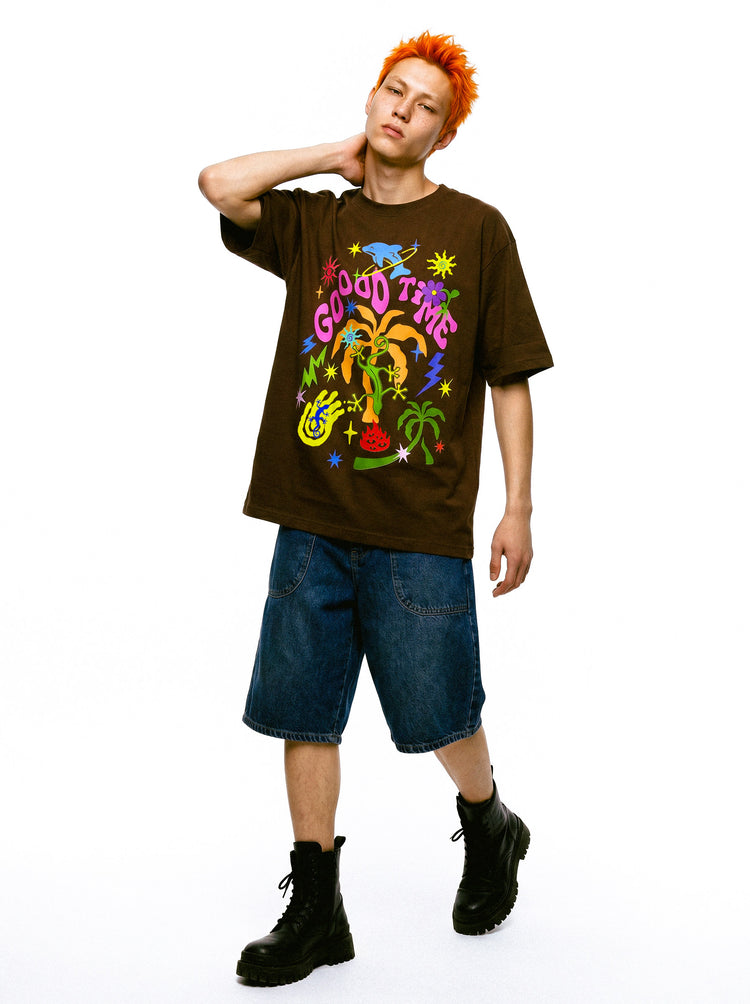 DEADENDKIDS GOOD TIMES oversized graphic tee — alternate modeled angle