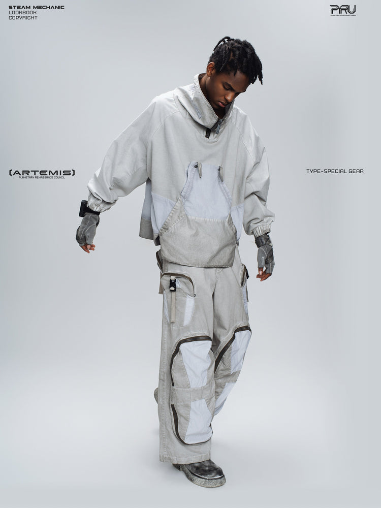 PIONEER eris white detachable-pocket utility hoodie in eris white — full-length angled modeled view with arms extended