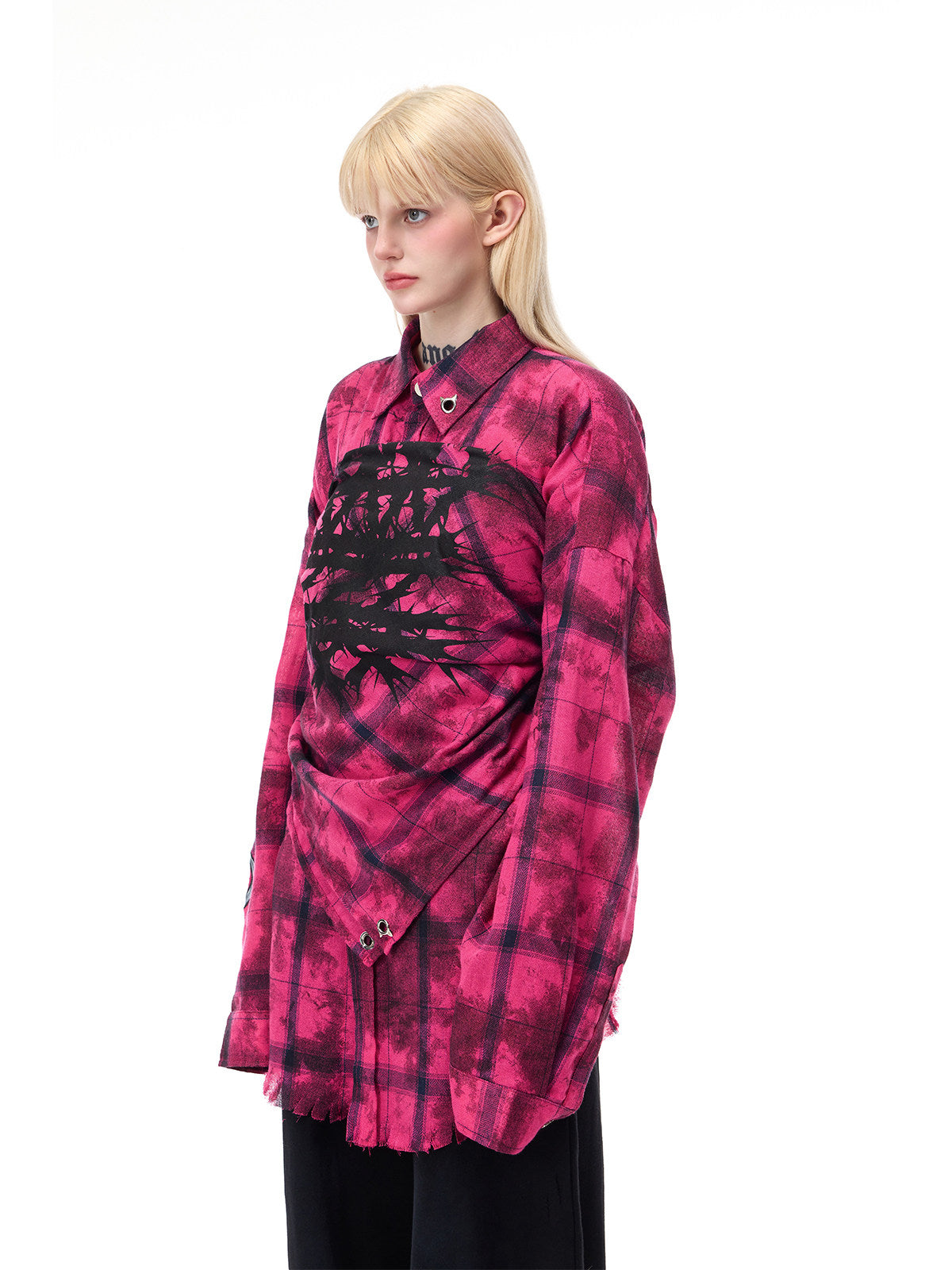PINKSPINK THORN bandana bandeau top in pink and black — angled close view layered over a separate plaid shirt