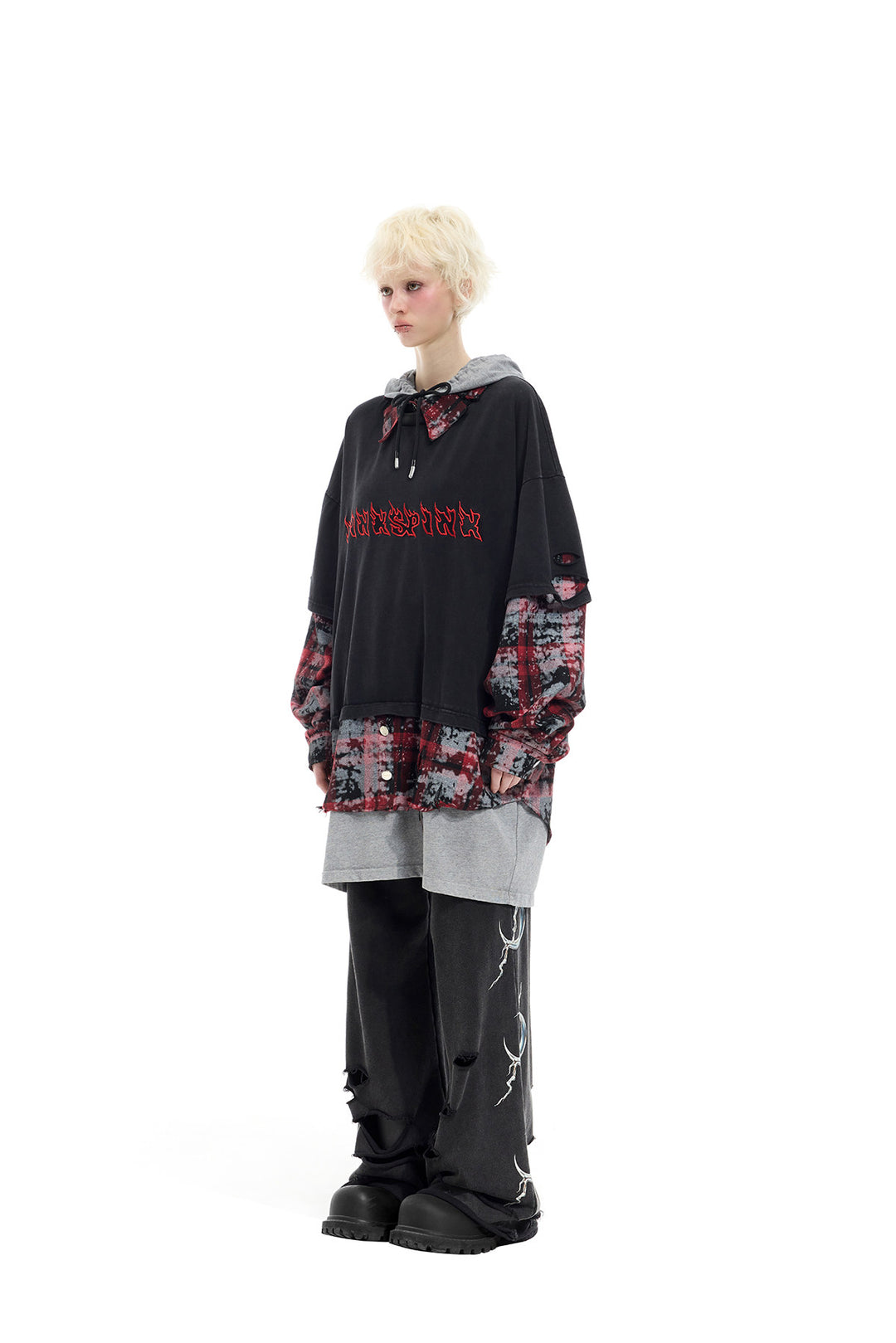 PINKSPINK REMAKE triple-layer plaid hoodie — black and red plaid hoodie — full-length front view with relaxed arms