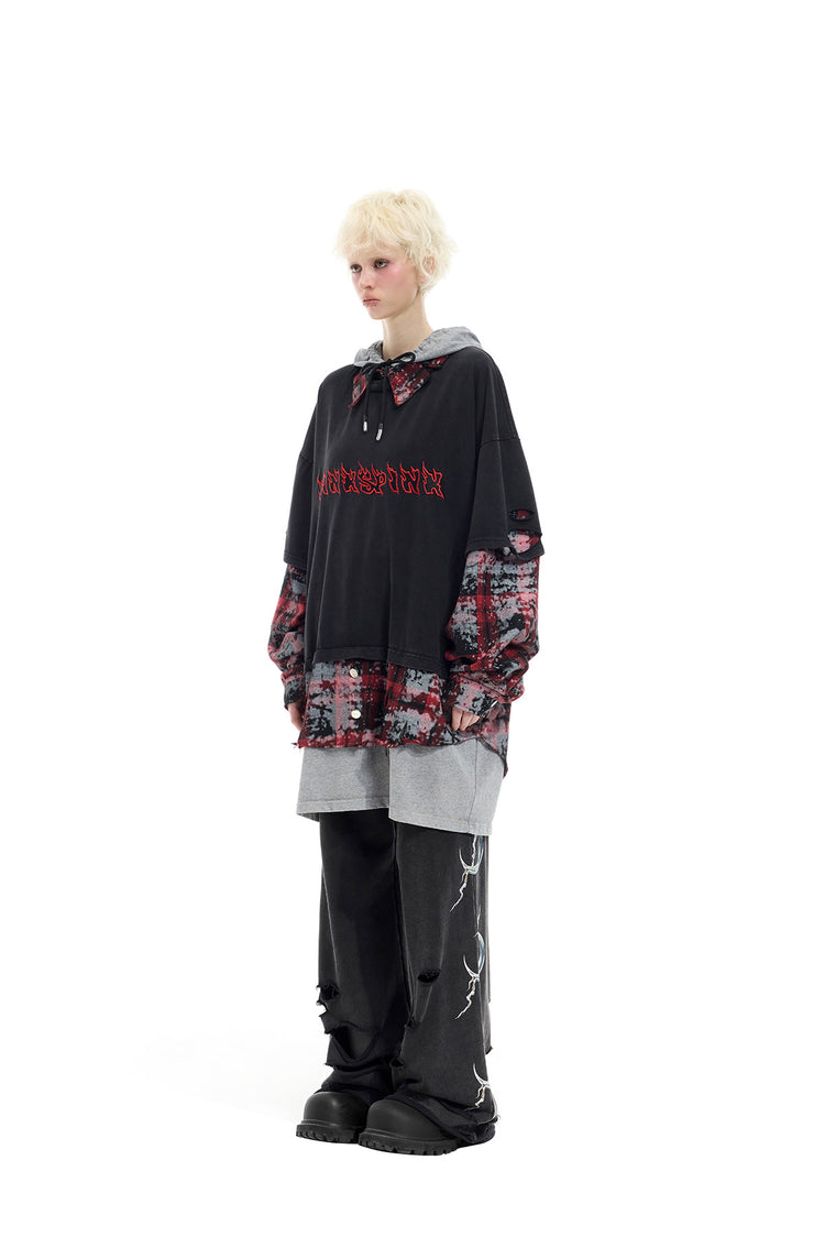 PINKSPINK REMAKE triple-layer plaid hoodie — black and red plaid hoodie — full-length front view with relaxed arms
