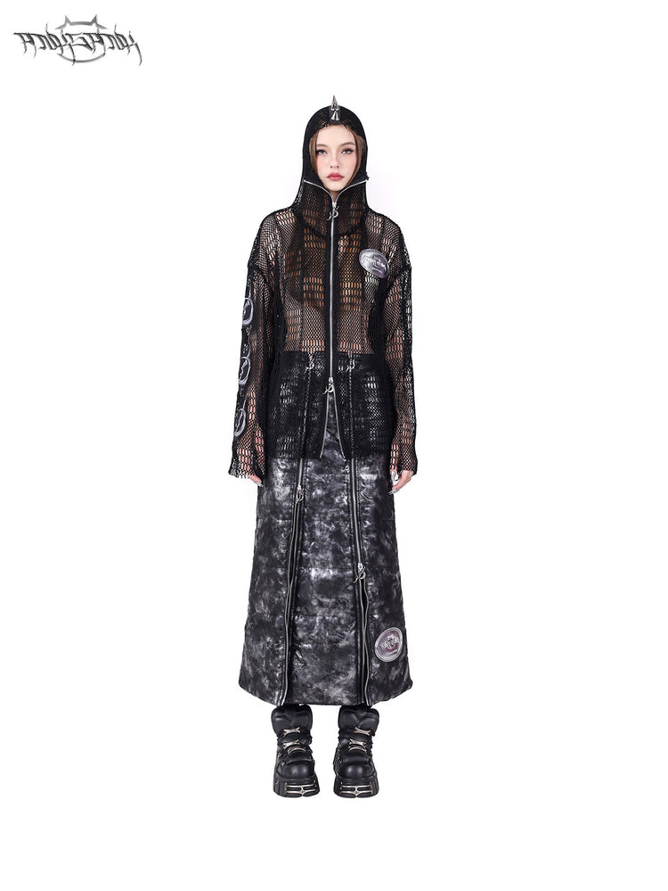 PINKSPINK ELECTRIC MOON spiked open-mesh zip hoodie in black — front modeled view with the hood zipped high