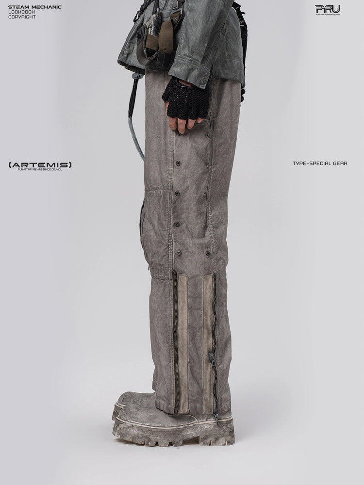 PIONEER meteor gray knee-mesh utility work pants — side modeled view showing outer-leg hardware and hem zip