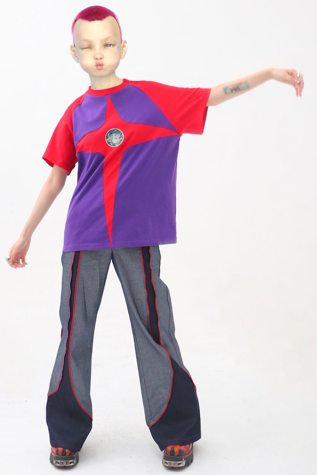 EMBRYO STARSHIFT patchwork flare jeans — material and hardware detail