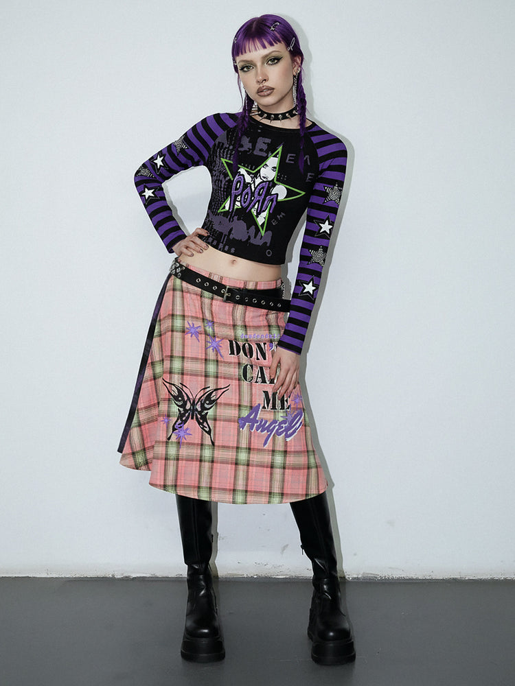 DeadEndKids BadGals Club double-sided plaid A-line skirt — pink-purple full-length front view