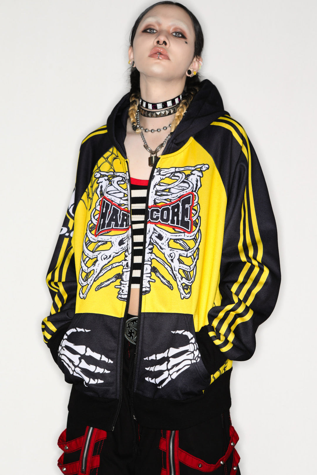 DeadEndKids Hardcore Generation skeleton zip-up hoodie — modeled front, hood down