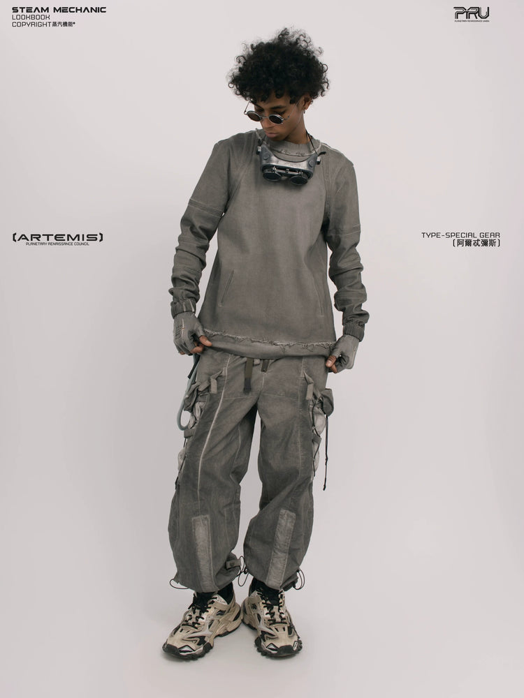 CHAOS ERA moon dust gray raw-edge long-sleeve top — construction detail