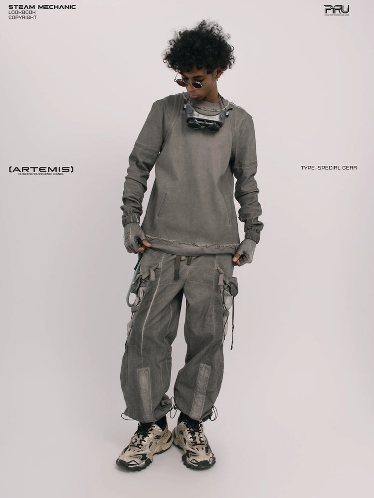 CHAOS ERA moon dust gray raw-edge long-sleeve top — full-length front view looking down