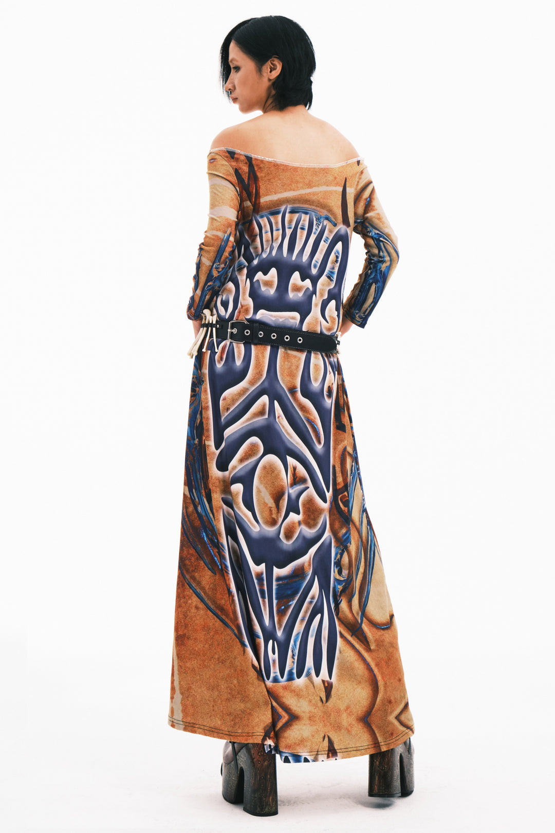 EMBRYO TRIBAL ENTITY off-shoulder maxi dress — close modeled styling view
