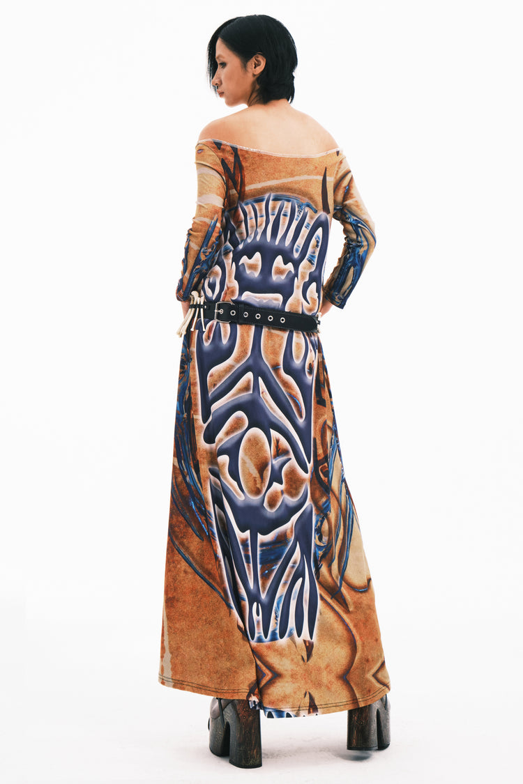 EMBRYO TRIBAL ENTITY off-shoulder maxi dress — close modeled styling view