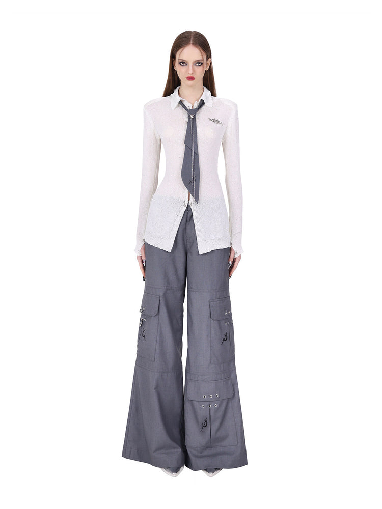 PINKSPINK ELECTRIC MOON ring-detail cargo flare trousers in gray — neutral front counterpart to gallery image two with a separate white shirt