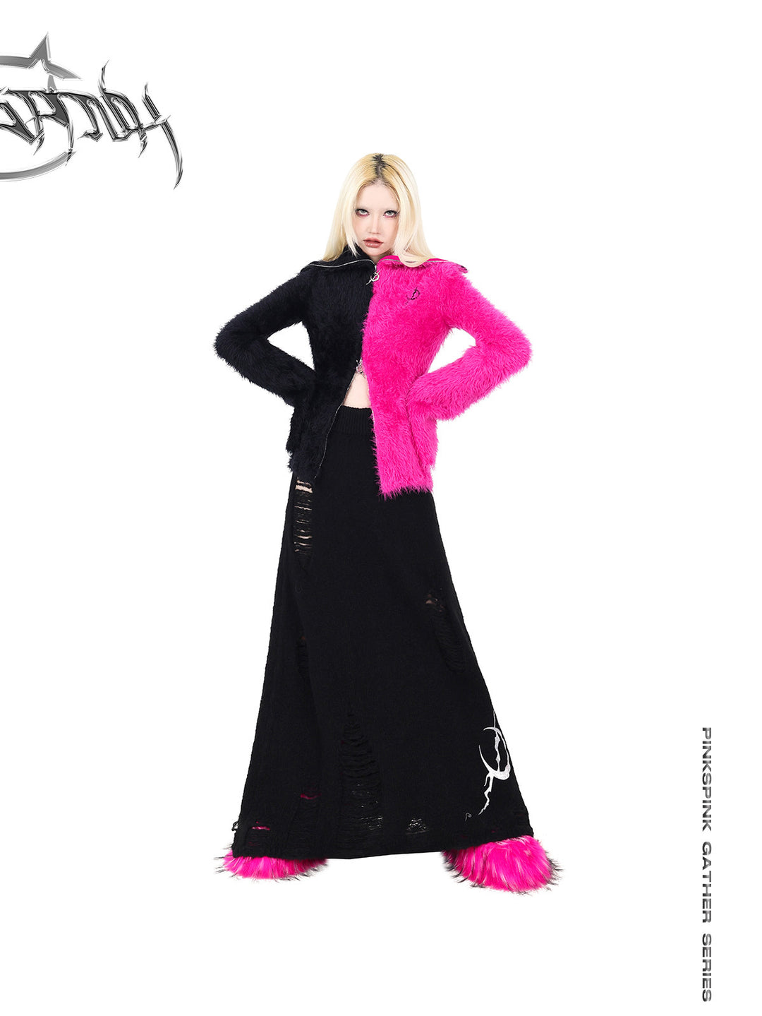 PINKSPINK ELECTRIC MOON split-color balaclava zip sweater — front full-length modeled view with hands at the waist