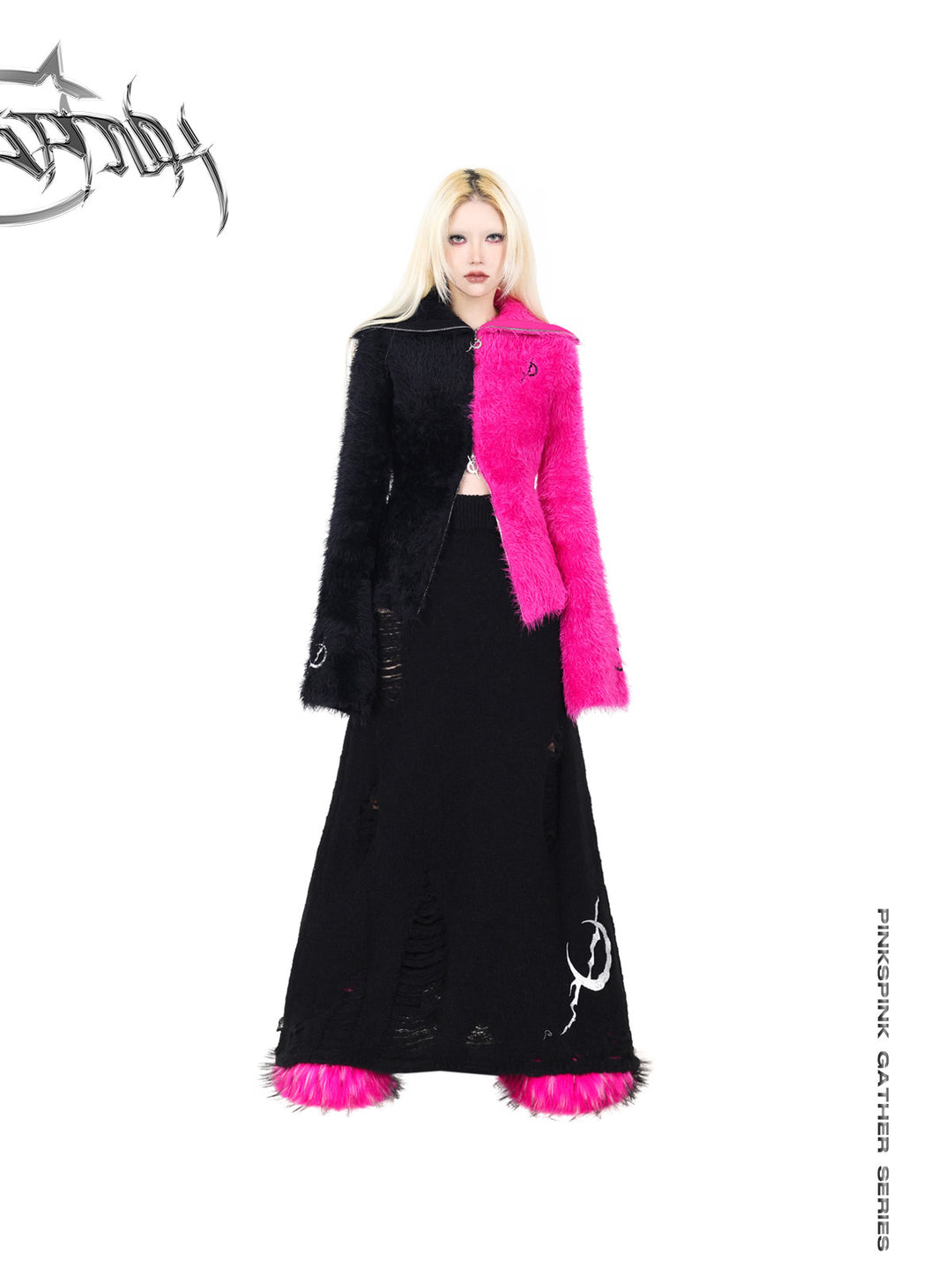 PINKSPINK ELECTRIC MOON split-color balaclava zip sweater — front full-length modeled view with arms relaxed