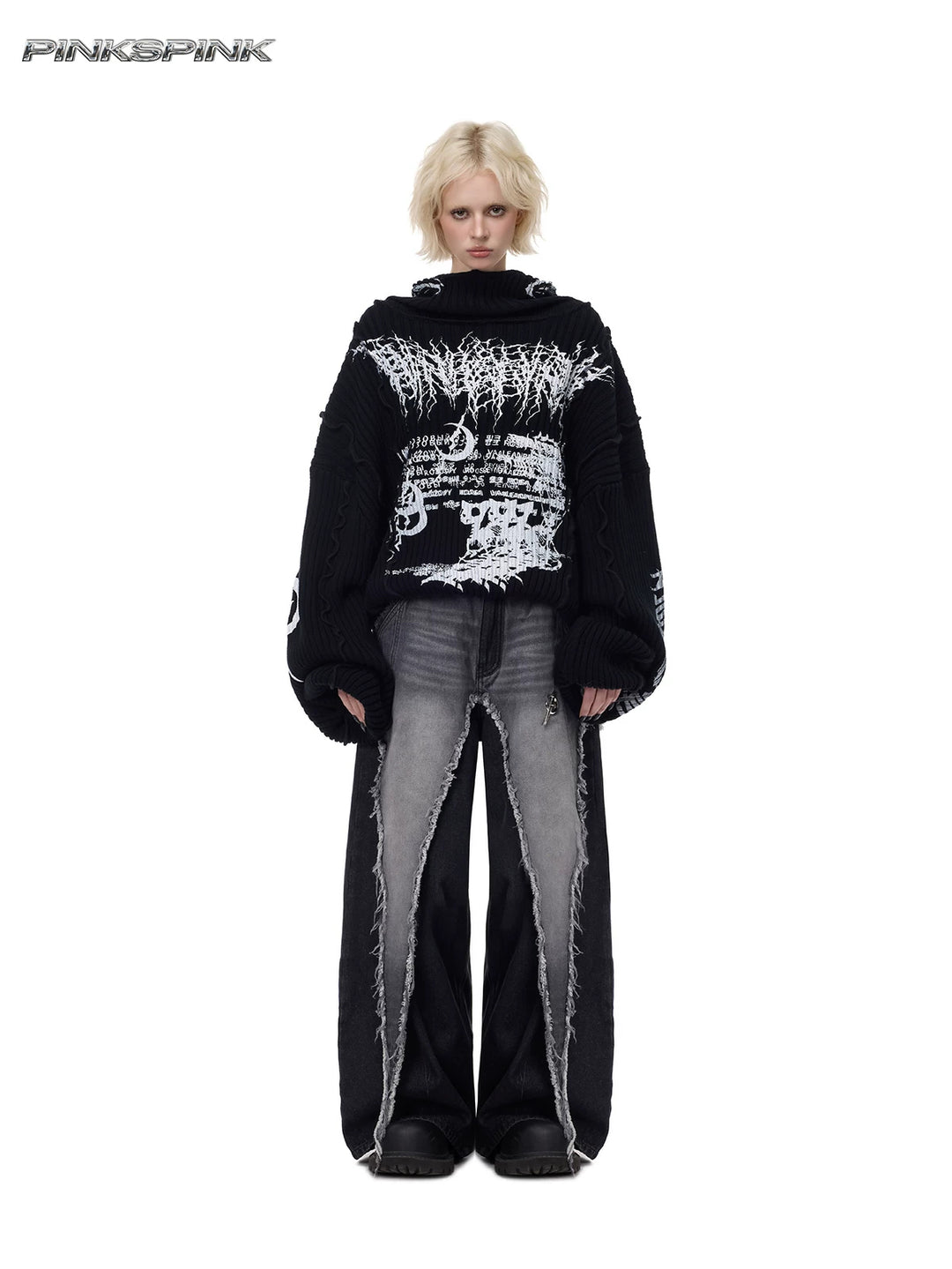 PINKSPINK ELECTRIC MOON reconstructed wide-leg jeans — front full-length styling with graphic knit
