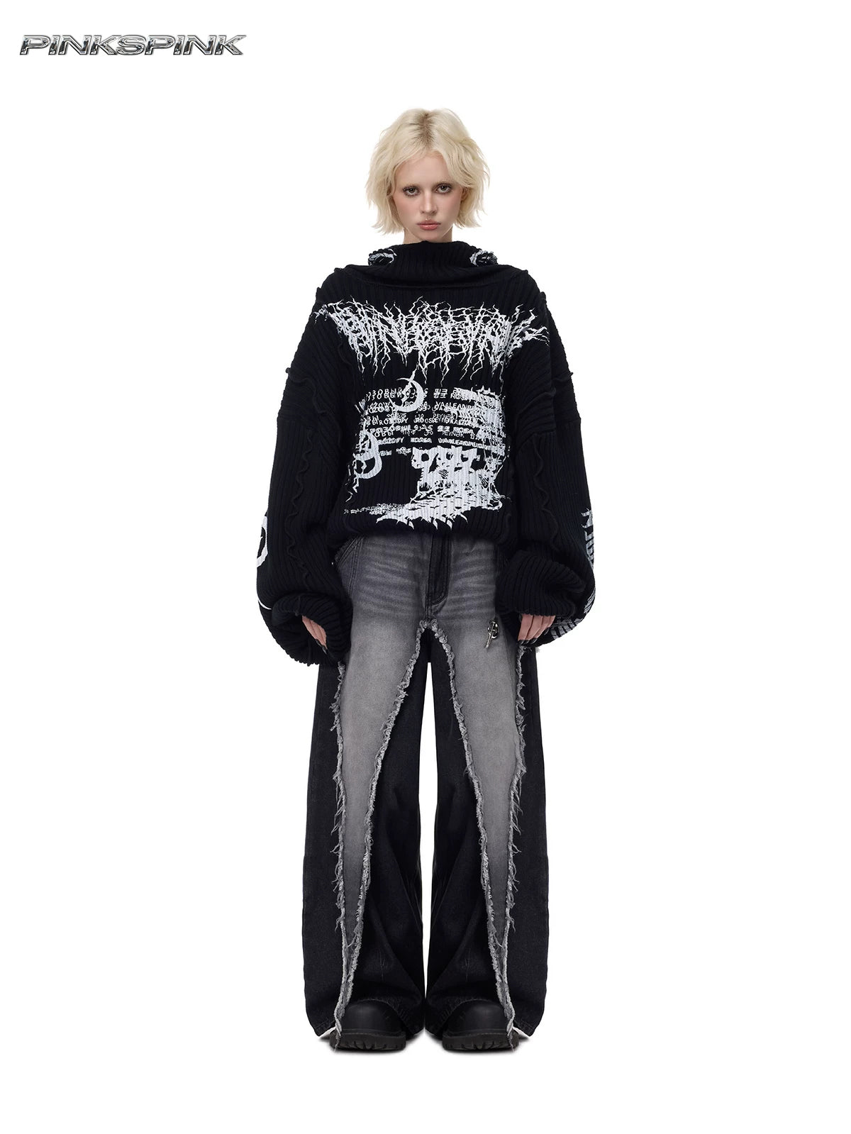 PINKSPINK ELECTRIC MOON reconstructed wide-leg jeans — front full-length styling with graphic knit