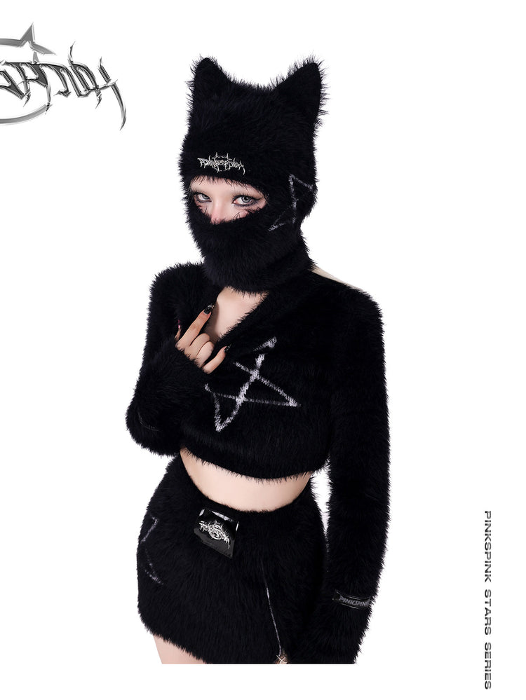 PINKSPINK PENTAGRAM cat-ear knit balaclava — close modeled view highlighting the construction