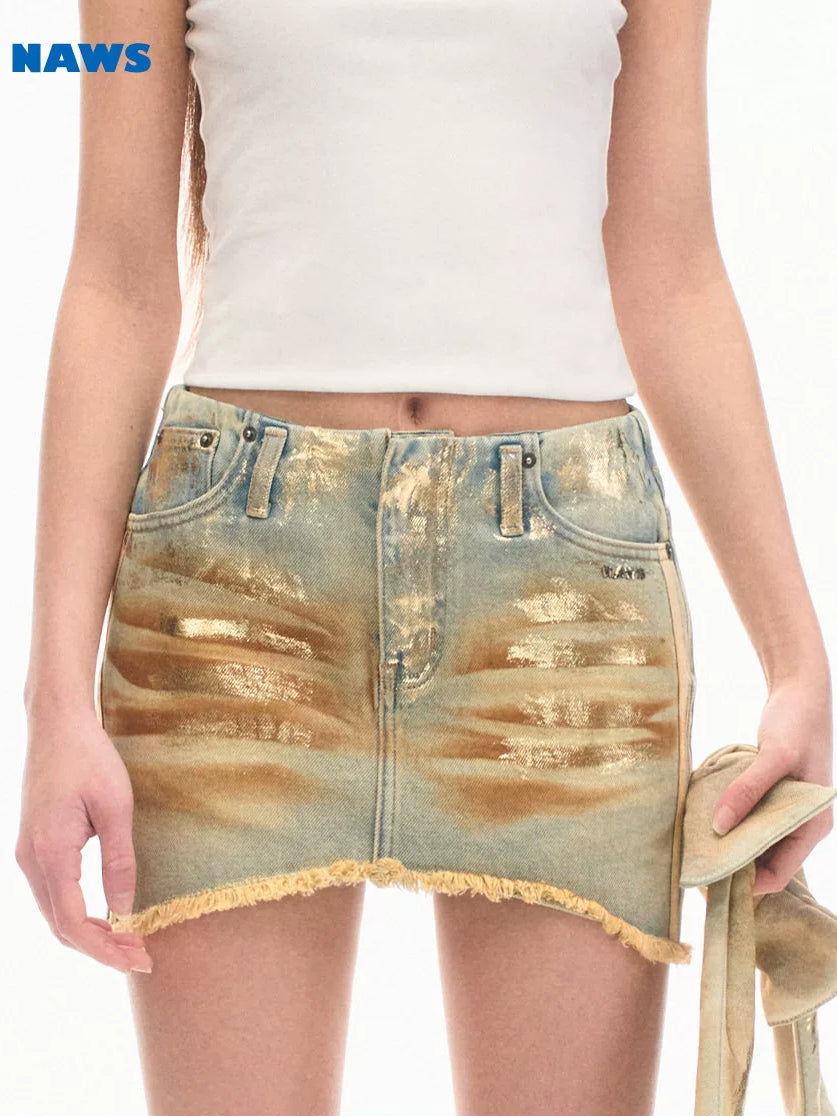 NAWS PYTHON silver-wash denim mini skirt — cleaned hero collage showing the complete design