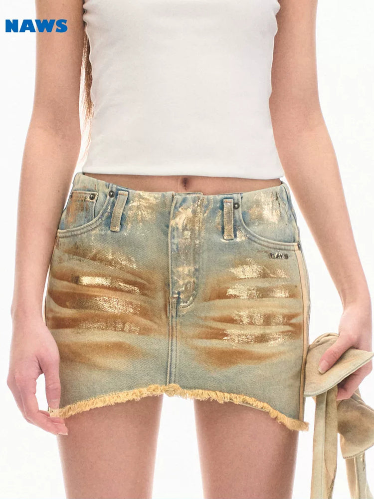 NAWS PYTHON silver-wash denim mini skirt — cleaned hero collage showing the complete design