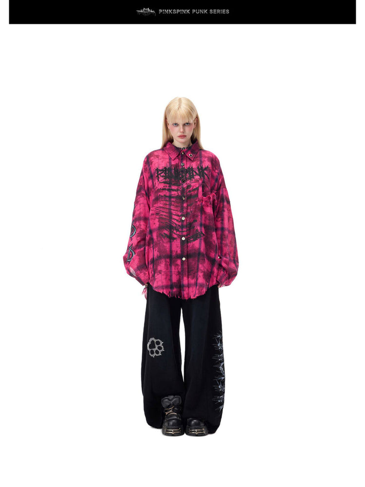PINKSPINK ELECTRIC MOON distressed oversized plaid shirt in pink and black plaid — full-length front modeled view of the long loose silhouette
