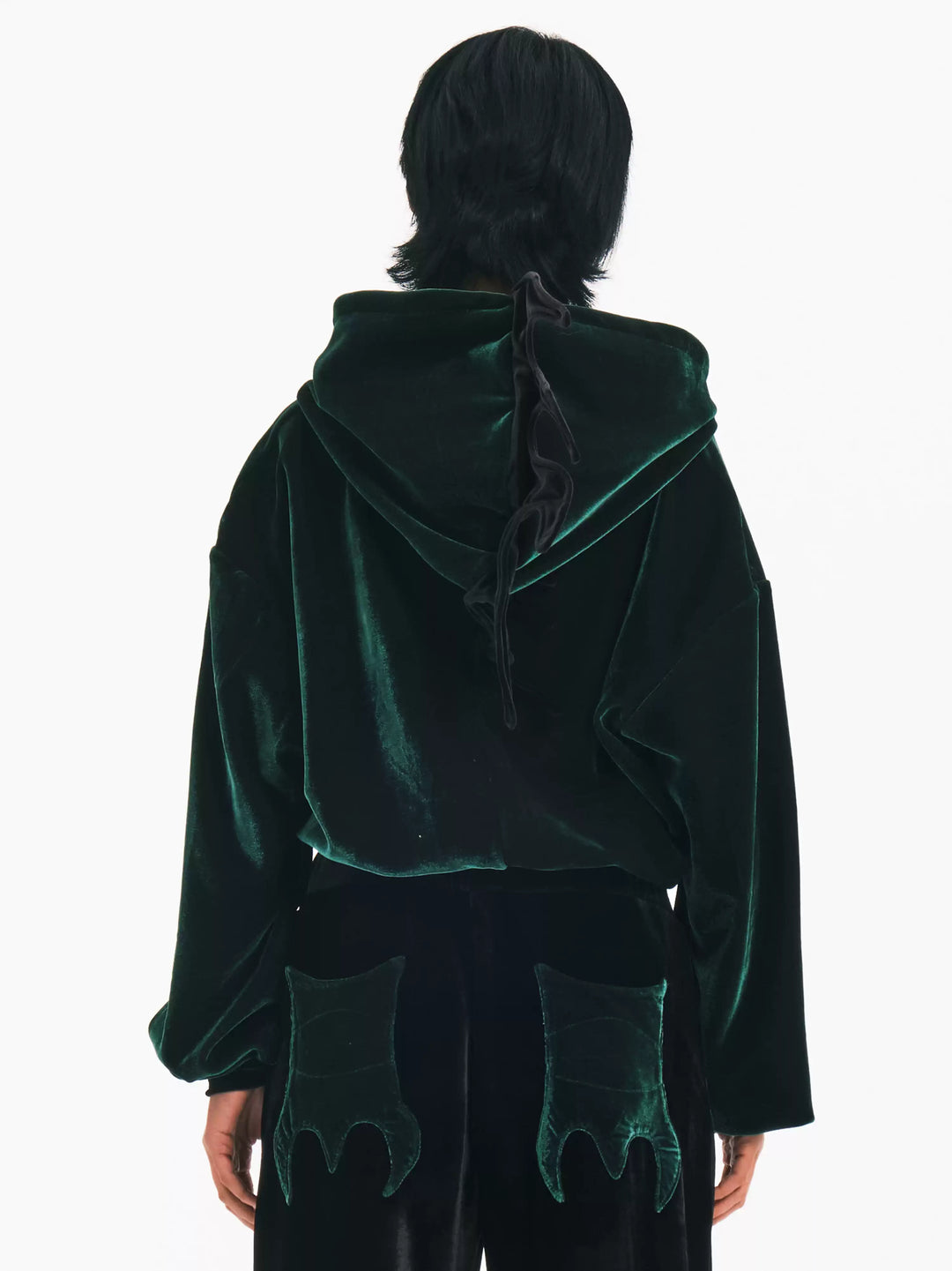 EMBRYO GREEN SPIKE cropped velvet hoodie — alternate modeled angle
