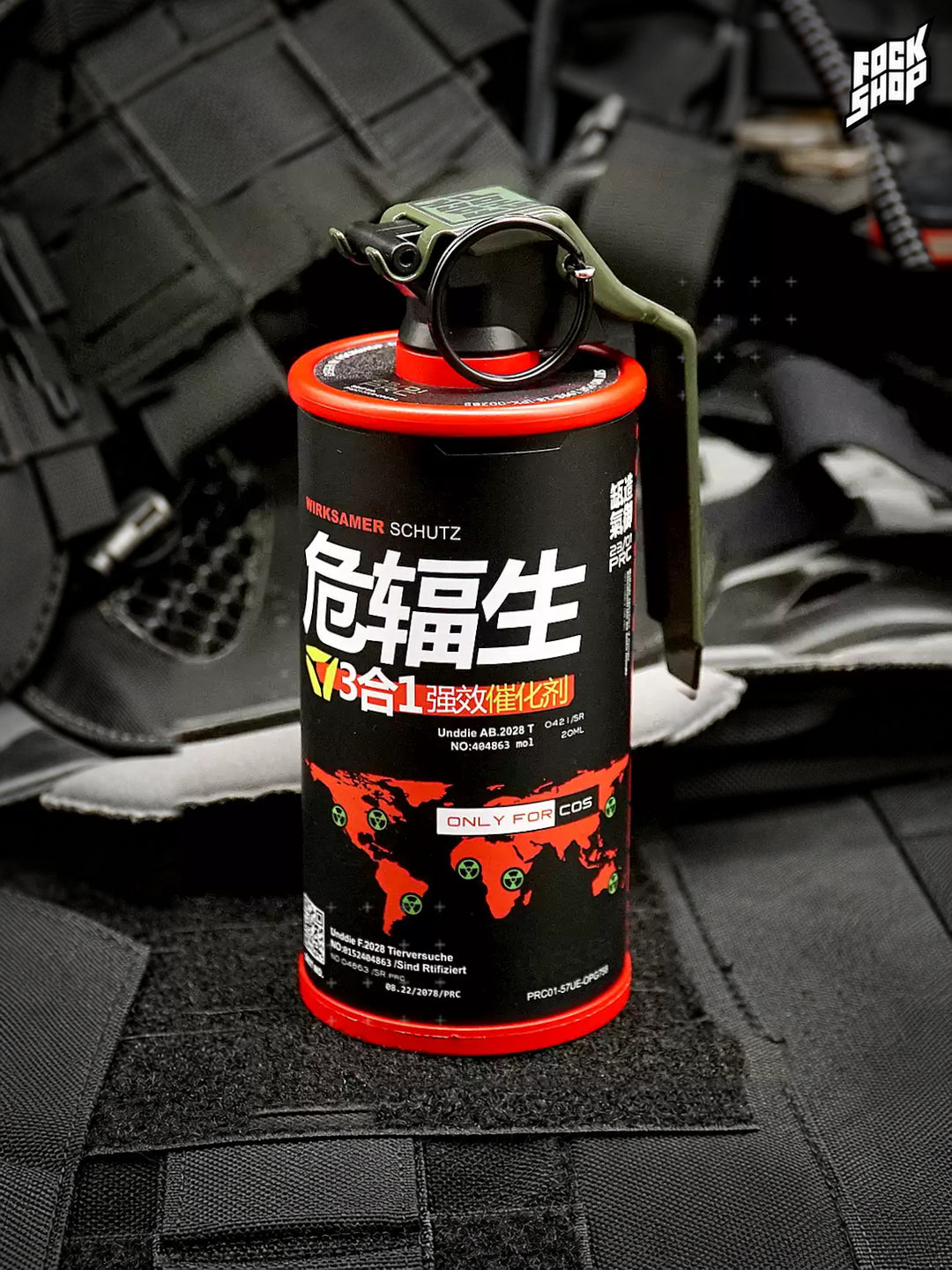FOCKSHOP REBORN reactor canister prop — BLACK RED canister front view with olive clip, ring and red end rims