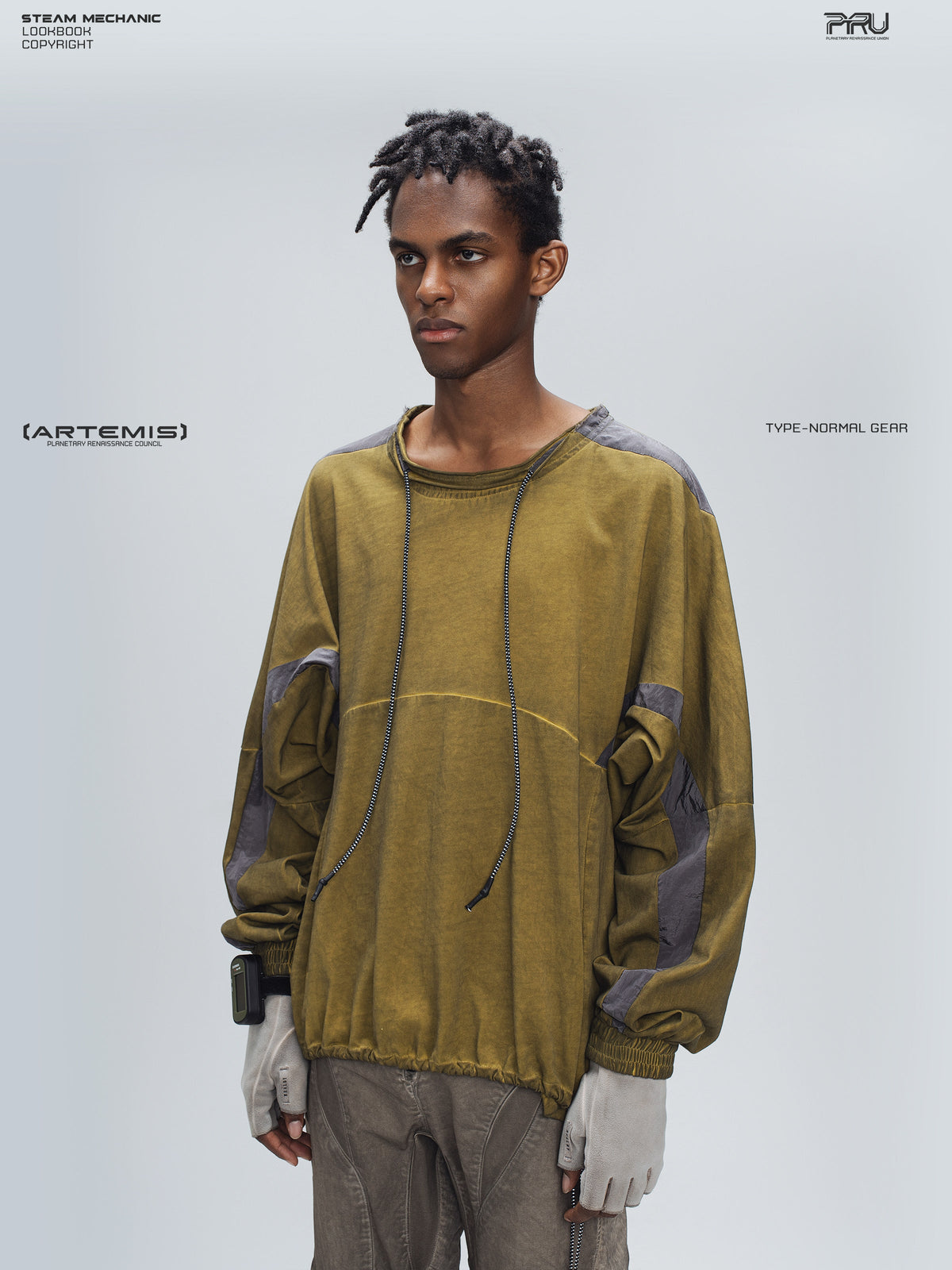 PIONEER mars yellow drawstring commuter sweatshirt — rear modeled view