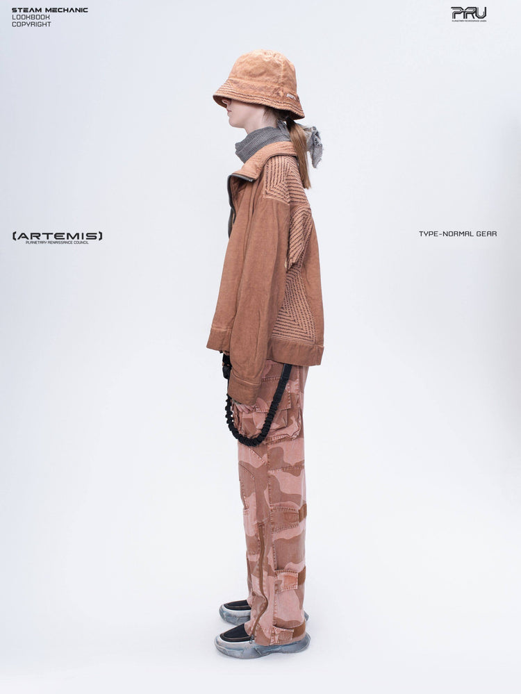 IXION washed camouflage combat pants in dune red — full-length side styling view showing the cropped leg and outer pocket