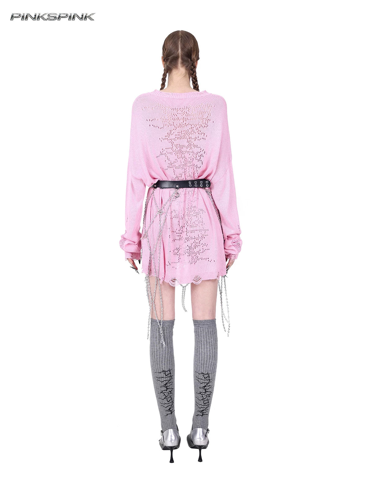 PINKSPINK ELECTRIC MOON distressed open-knit sweater in pink — rear modeled view showing the thorn-like openwork pattern