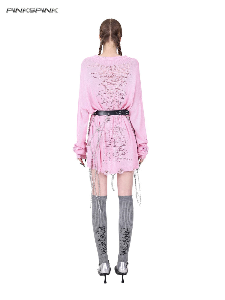 PINKSPINK ELECTRIC MOON distressed open-knit sweater in pink — rear modeled view showing the thorn-like openwork pattern