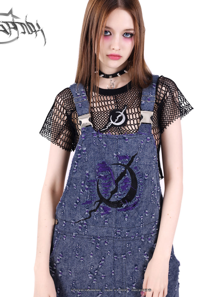 PINKSPINK BROKEN VIOLET distressed denim overalls — catalog view showing the design and silhouette