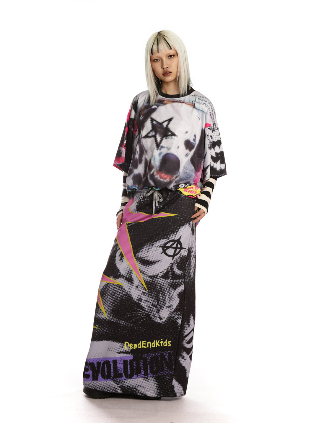 DEADENDKIDS PUNK RIOT printed sweatshirt maxi skirt — alternate modeled angle