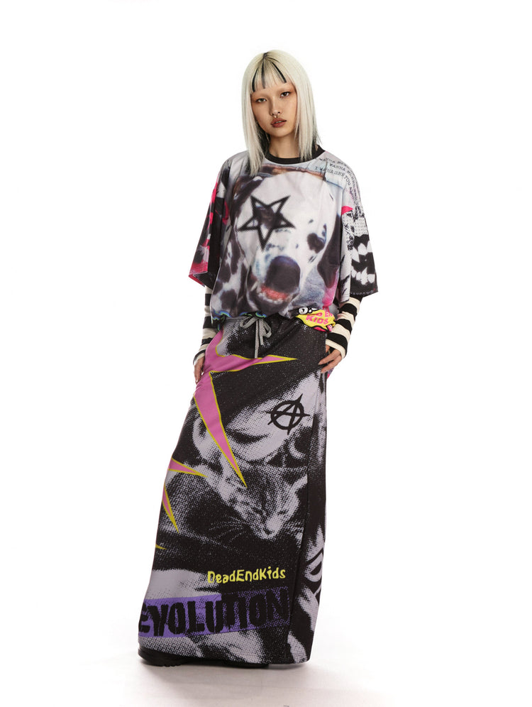 DEADENDKIDS PUNK RIOT printed sweatshirt maxi skirt — alternate modeled angle
