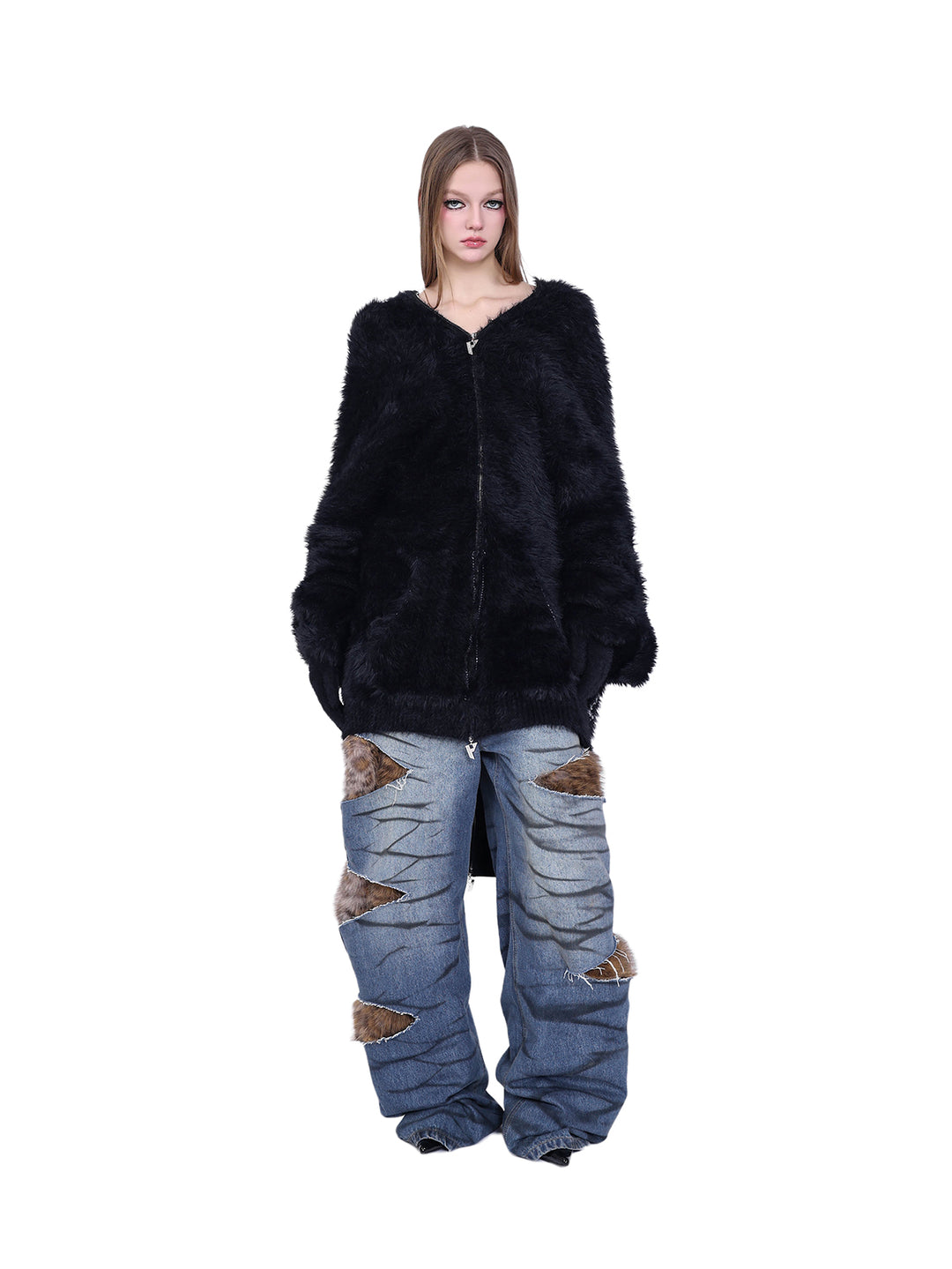 LEOPARD FUR LAYERED LOW-WAIST DENIM