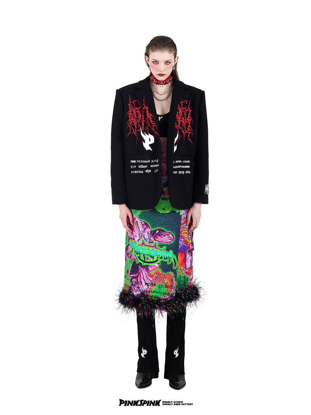 PINKSPINK SPIKE RING studded chain choker in red — full-length front modeled view with multicolor layered bottoms