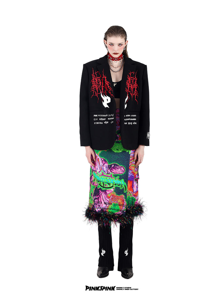 PINKSPINK SPIKE RING studded chain choker in red — full-length front modeled view with multicolor layered bottoms