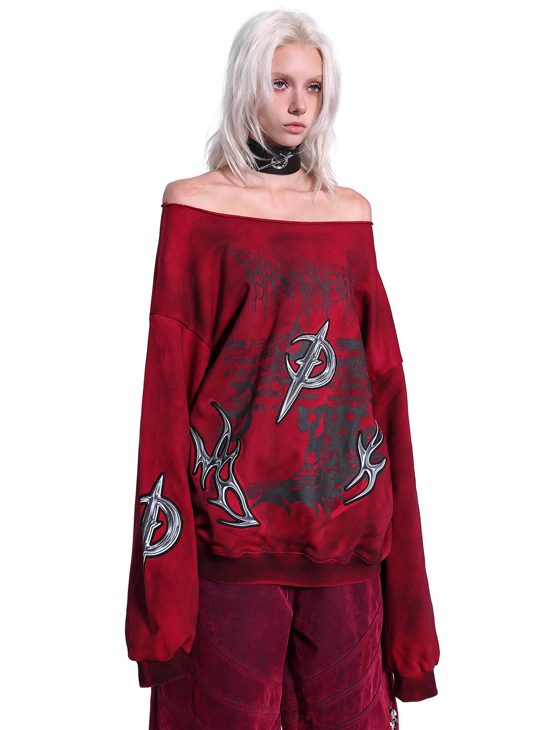 PINKSPINK ELECTRIC MOON off-shoulder sweatshirt in RED — close front view showing the embroidered graphic.