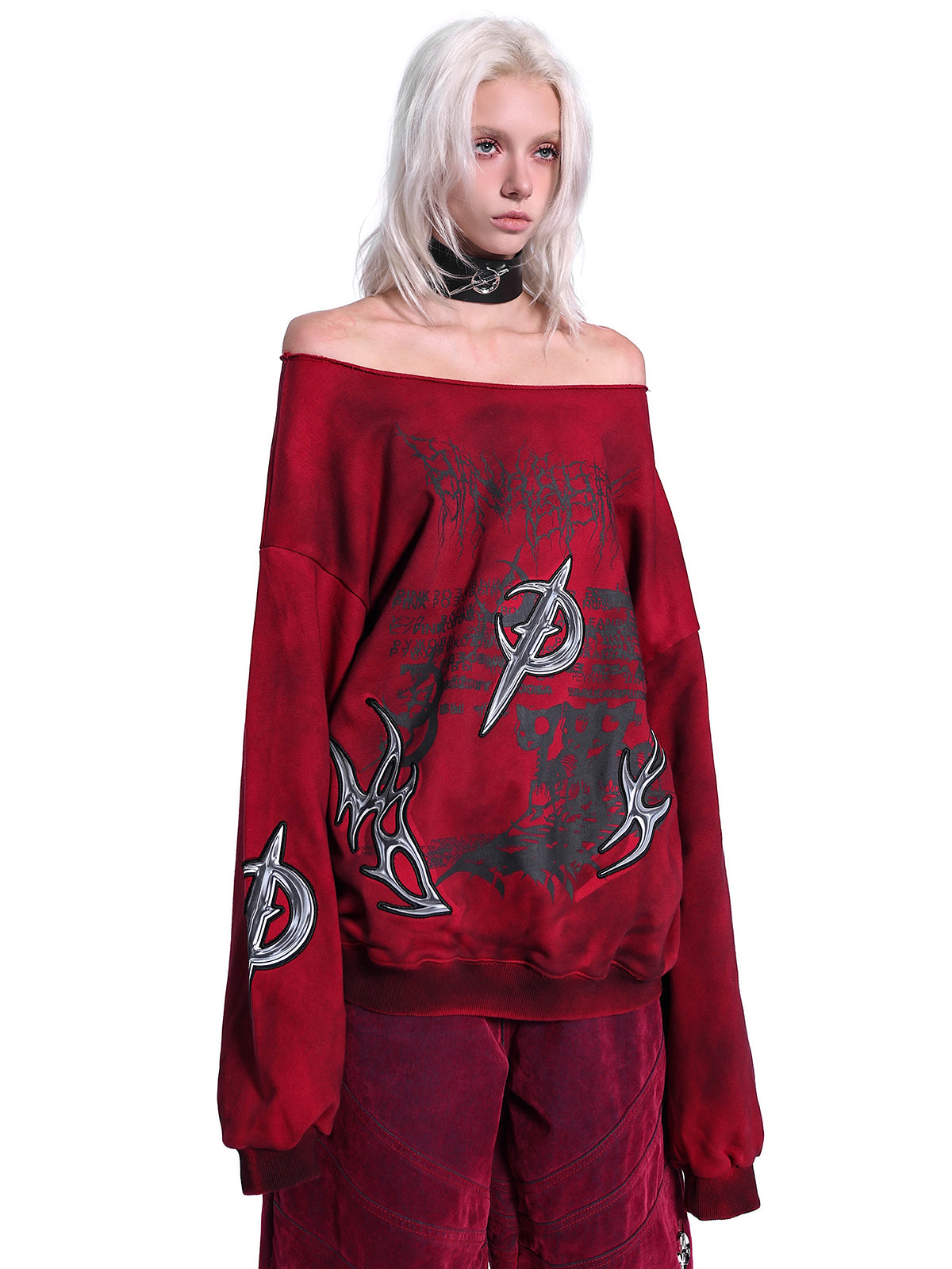 PINKSPINK ELECTRIC MOON off-shoulder sweatshirt in RED — close front view showing the embroidered graphic.
