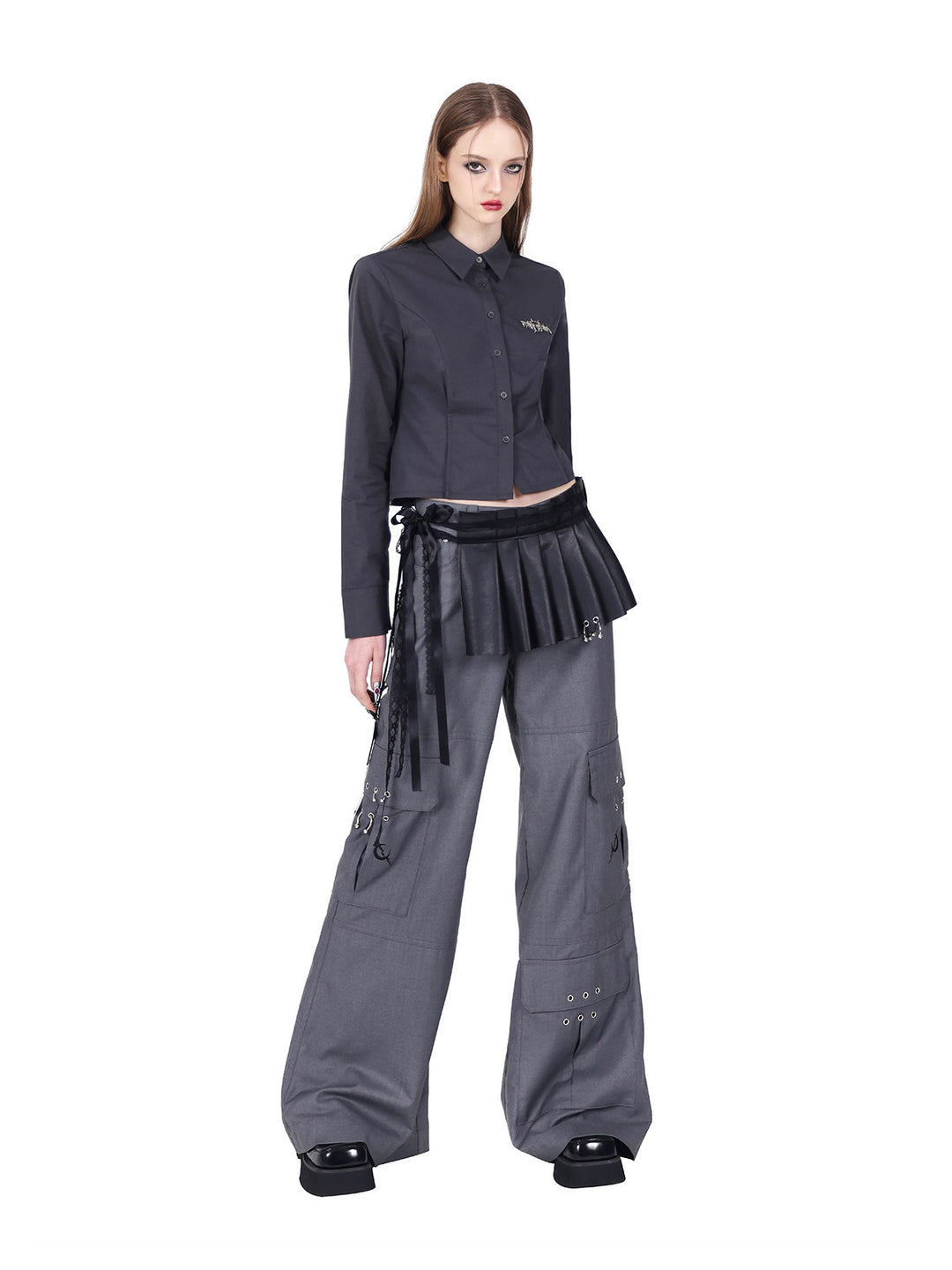 PINKSPINK ELECTRIC MOON sculpted cropped cotton shirt in gray — angled front modeled view with a separate pleated waist layer