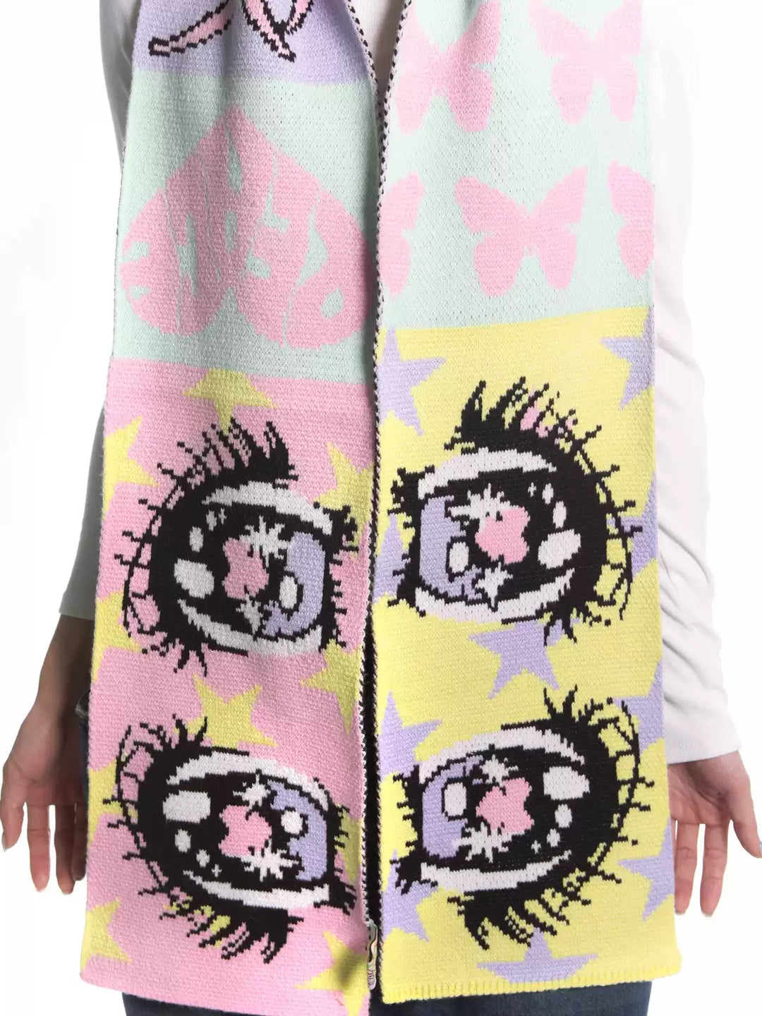 DEADENDKIDS ANIME EYES knit scarf & reversible hat — rear or construction presentation