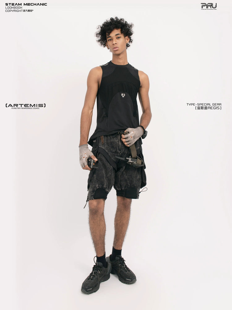 AEGIS blackbird black distressed mesh tank — alternate modeled angle